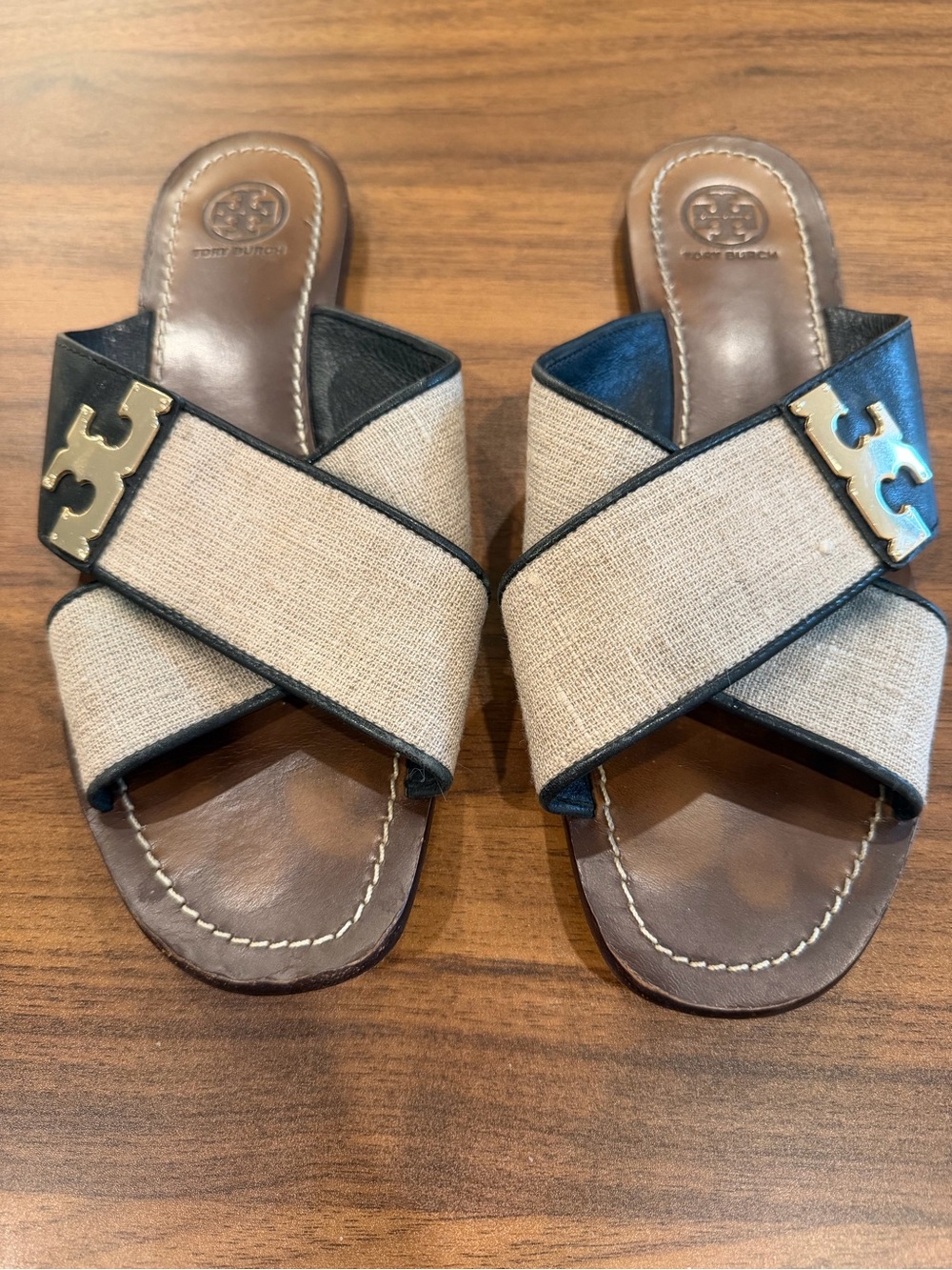 Tory Burch Beige Canvas Crisscross Slide Sandals with Gold Logo Accent